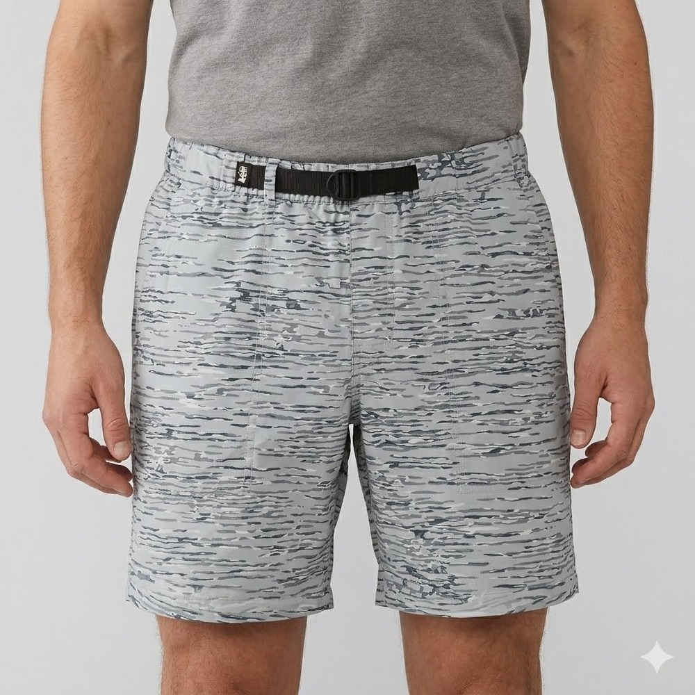 REI Co-op Sahara Cargo Shorts Grey Printed Belted Hiking‎ Mens Size Medium